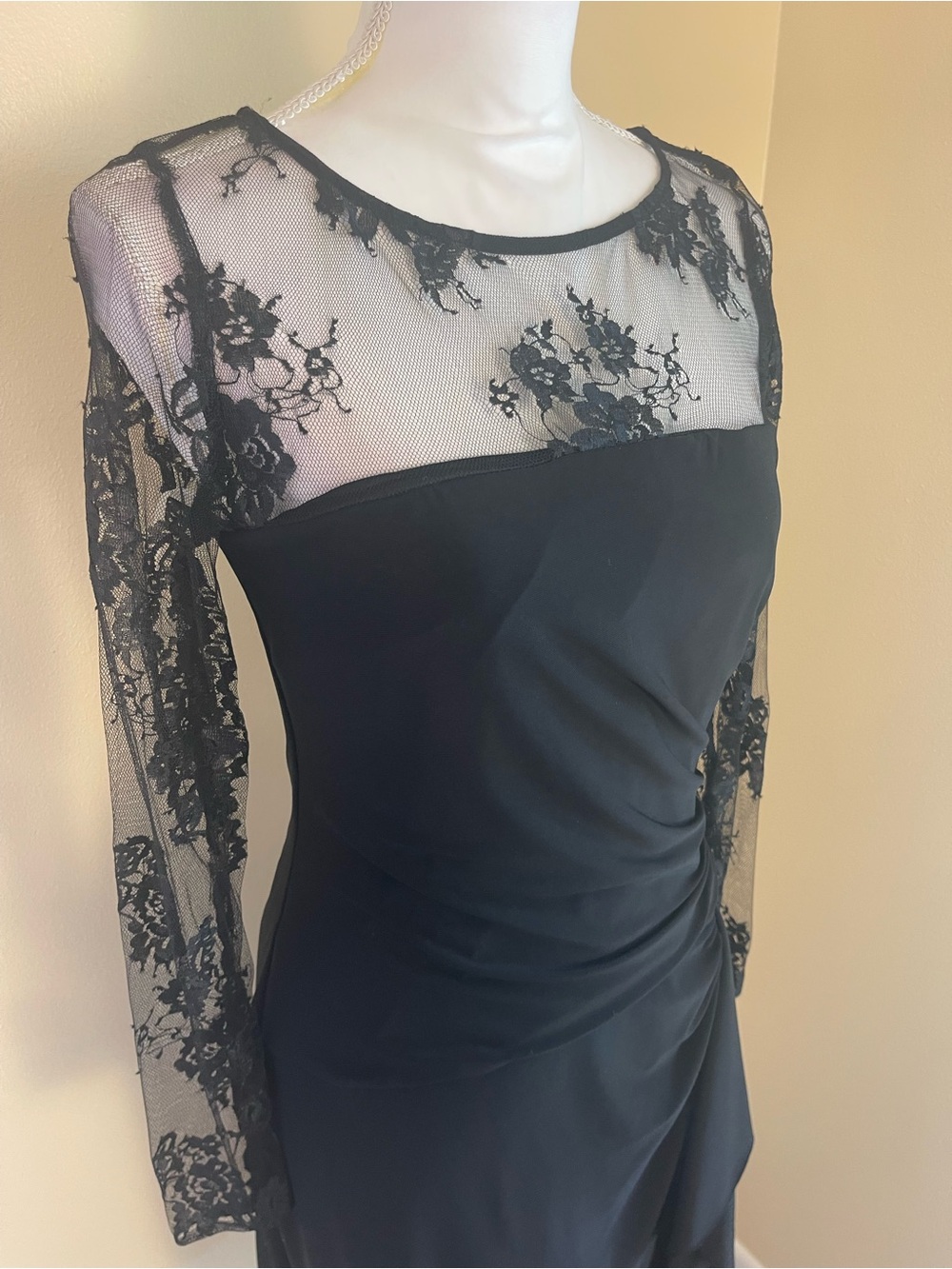 Black Sheer Floral Lace Faux Wrap Dress 8 Ruched Stretchy Cocktail Party Formal - Picture 6 of 16